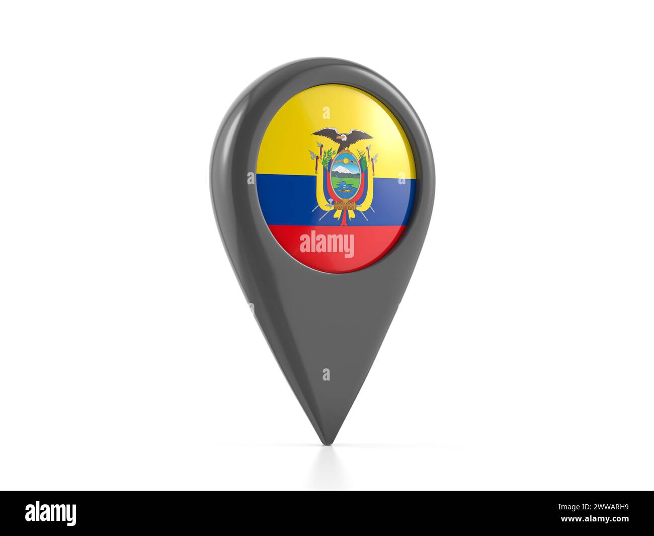 Map marker with Ecuador flag on a white background. 3d illustration. Stock Photo