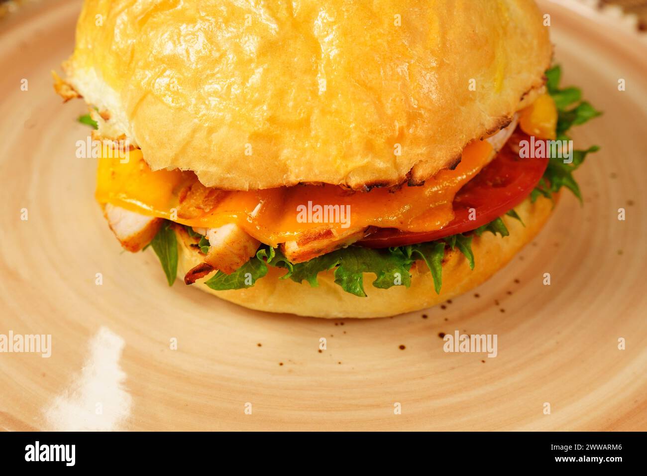 Delicious Cheeseburger With Lettuce and Toppings on Plate Stock Photo