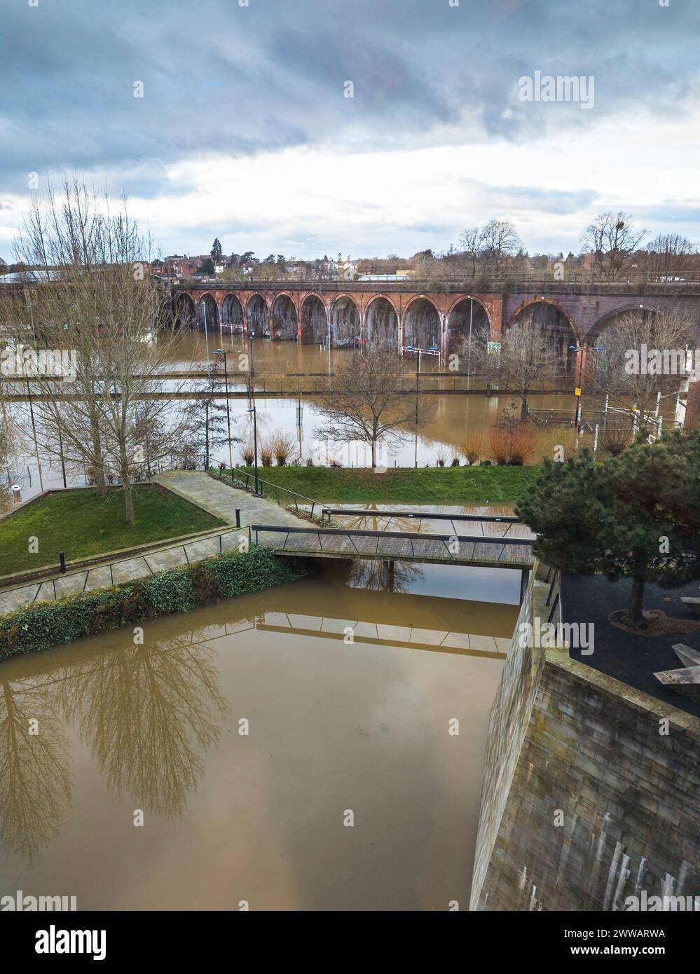 Extreme weather conditions,extensive flooding,after heavy,prolonged rain and storms,high,overwhelming river water levels,engulfing fields and properti Stock Photo