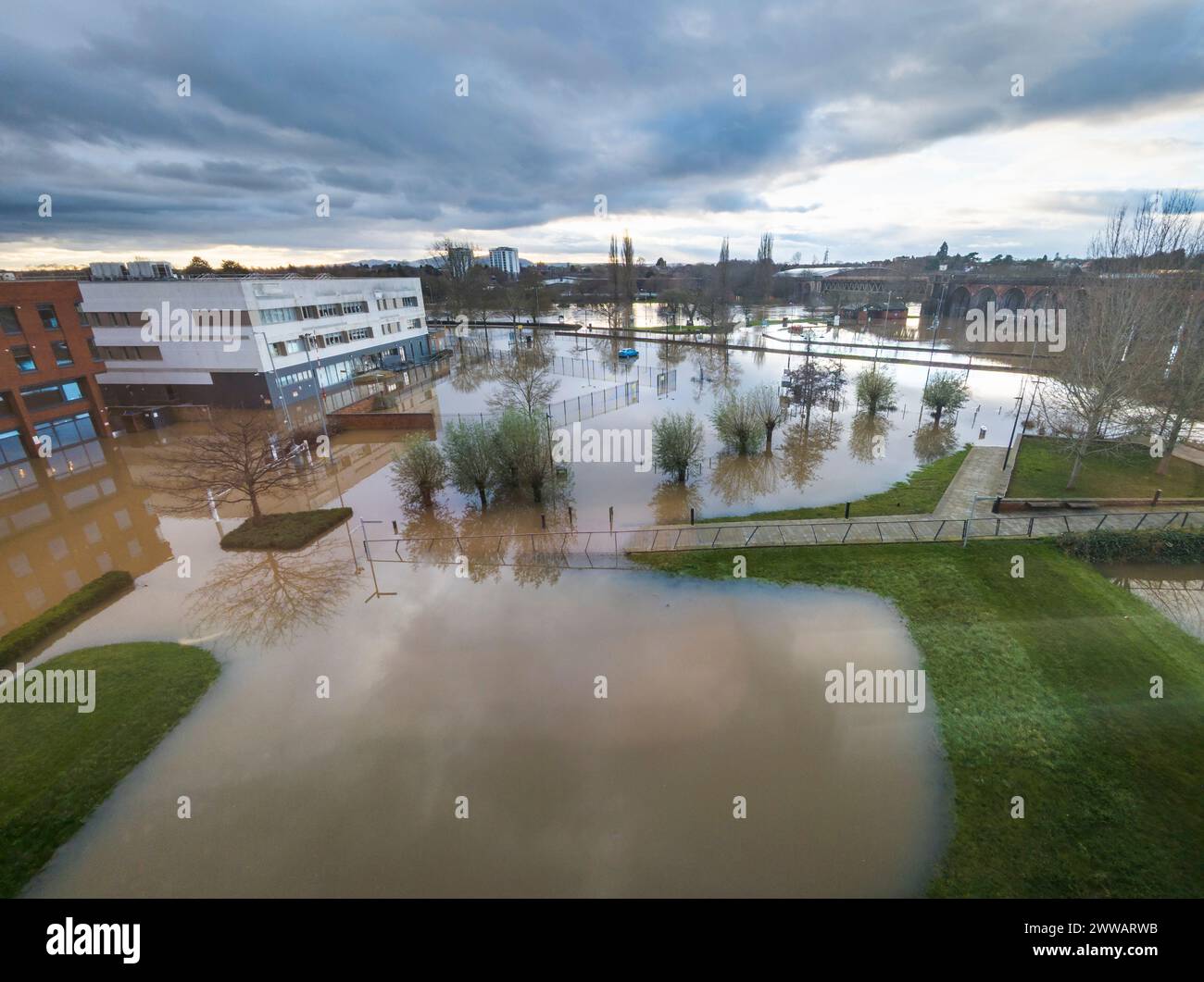 Extreme weather conditions,extensive flooding,after heavy,prolonged rain and storms,high,overwhelming river water levels,engulfing fields and properti Stock Photo