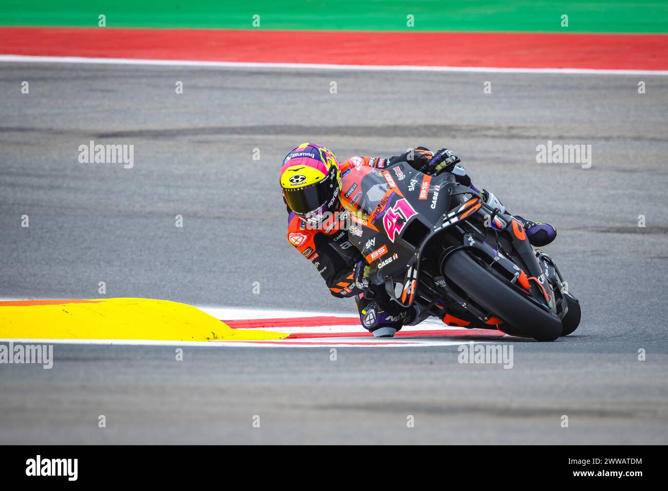Portimao, Portugal. 22nd Mar, 2024. Aleix Espargaro of Spain and Aprilia Racing in action during the Free Practice Number One MotoGP race of Tissot Grand Prix of Portugal held at Algarve International Circuit in Portimao. (Photo by Henrique Casinhas/SOPA Images/Sipa USA) Credit: Sipa USA/Alamy Live News Stock Photo