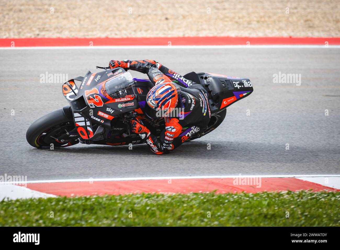 Portimao, Portugal. 22nd Mar, 2024. Maverick Vinales of Spain and Aprilia Racing in action during the Free Practice Number two MotoGP race of Tissot Grand Prix of Portugal held at Algarve International Circuit in Portimao. (Photo by Henrique Casinhas/SOPA Images/Sipa USA) Credit: Sipa USA/Alamy Live News Stock Photo