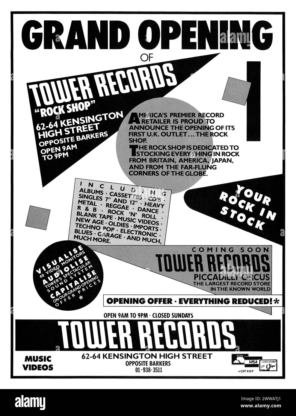 January 1986 British advertisement for the grand opening of the first UK branch of Tower Records in Kensington High Street, London. Stock Photo