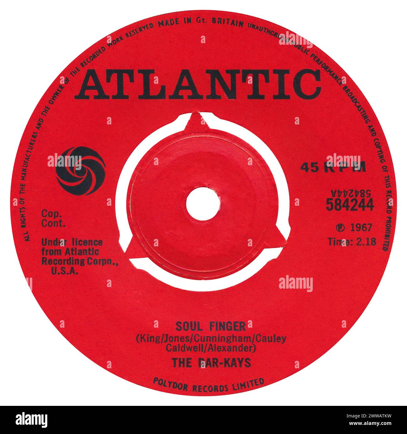 45 RPM 7' UK record label of Soul Finger by the Bar-Kays on the Atlantic label from 1969. The single was originally issued in the UK on Stax in 1967. Written by the Bar-Kays. Stock Photo