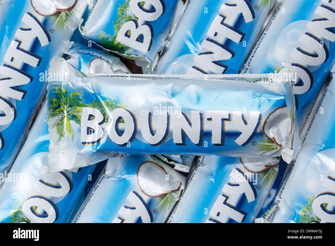 Stuttgart, Germany - November 10, 2023: Bounty chocolate bars from Mars Inc. as a background in Stuttgart, Germany. Stock Photo