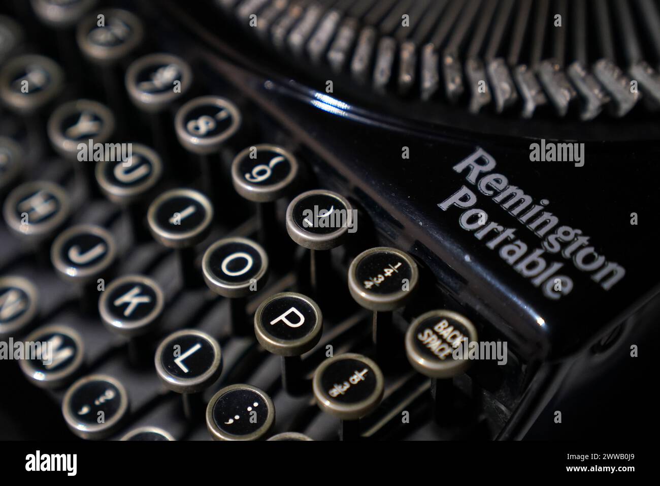 Agatha Christie's 1937 Remington Portable typewriter on display during a preview of Murder by the Book: A Celebration of 20th Century Crime Fiction, a British crime writing exhibition at Cambridge University Library, which opens to the public on Saturday. The exhibition features Christie's typewriter, her 1950s Dictaphone, notebooks and the typescript of her final Poirot novel Curtain - which was kept in a bank vault for decades to avoid news of the detective's death from leaking. Picture date: Thursday March 21, 2024. Stock Photo