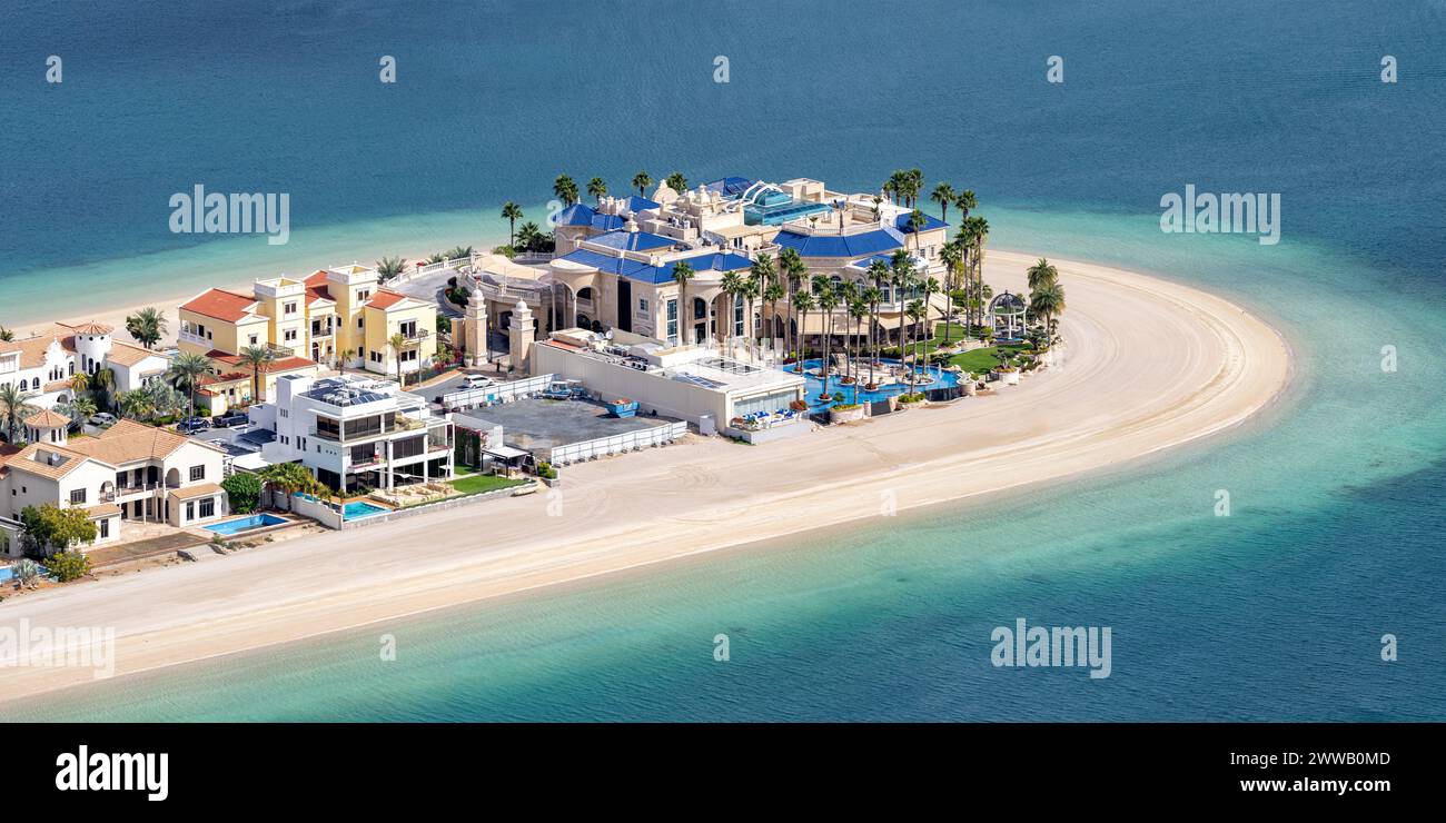 Dubai luxury villas real estate on The Palm Jumeirah artificial island with beach panorama vacation Stock Photo