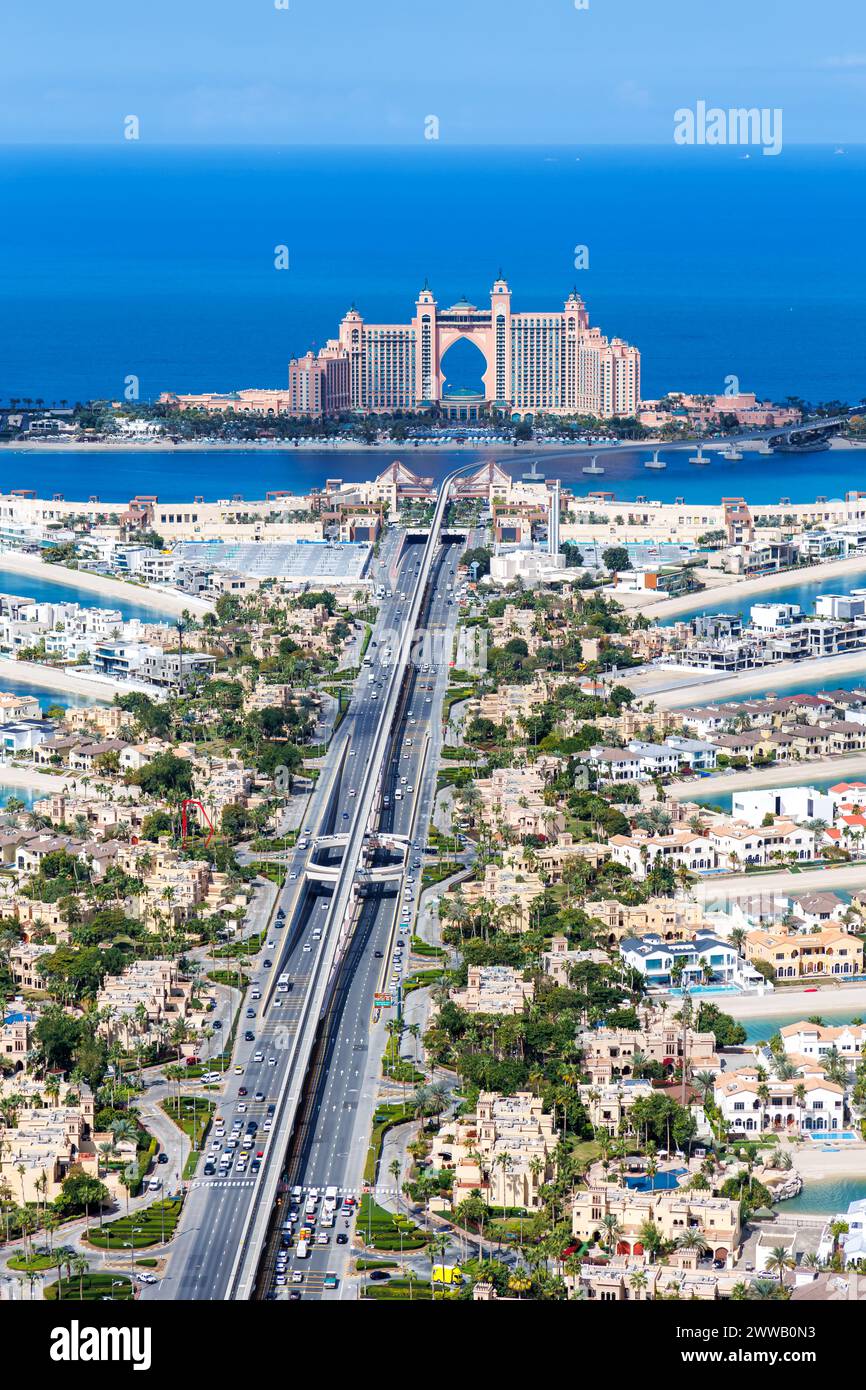 Dubai The Palm Jumeirah with Atlantis Hotel artificial island from above portrait format luxury Stock Photo