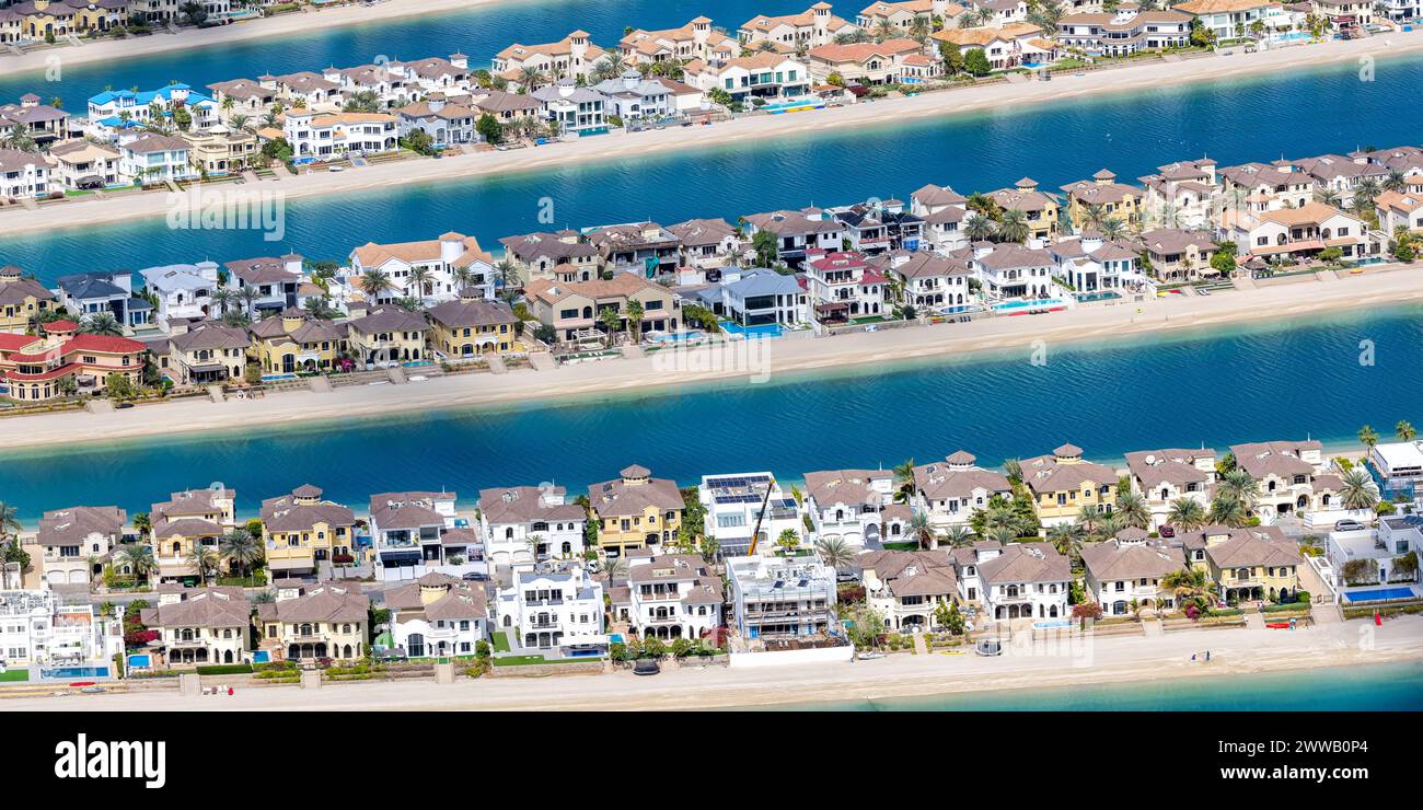 Dubai The Palm Jumeirah artificial island panorama with beach luxury villas real estate property Stock Photo