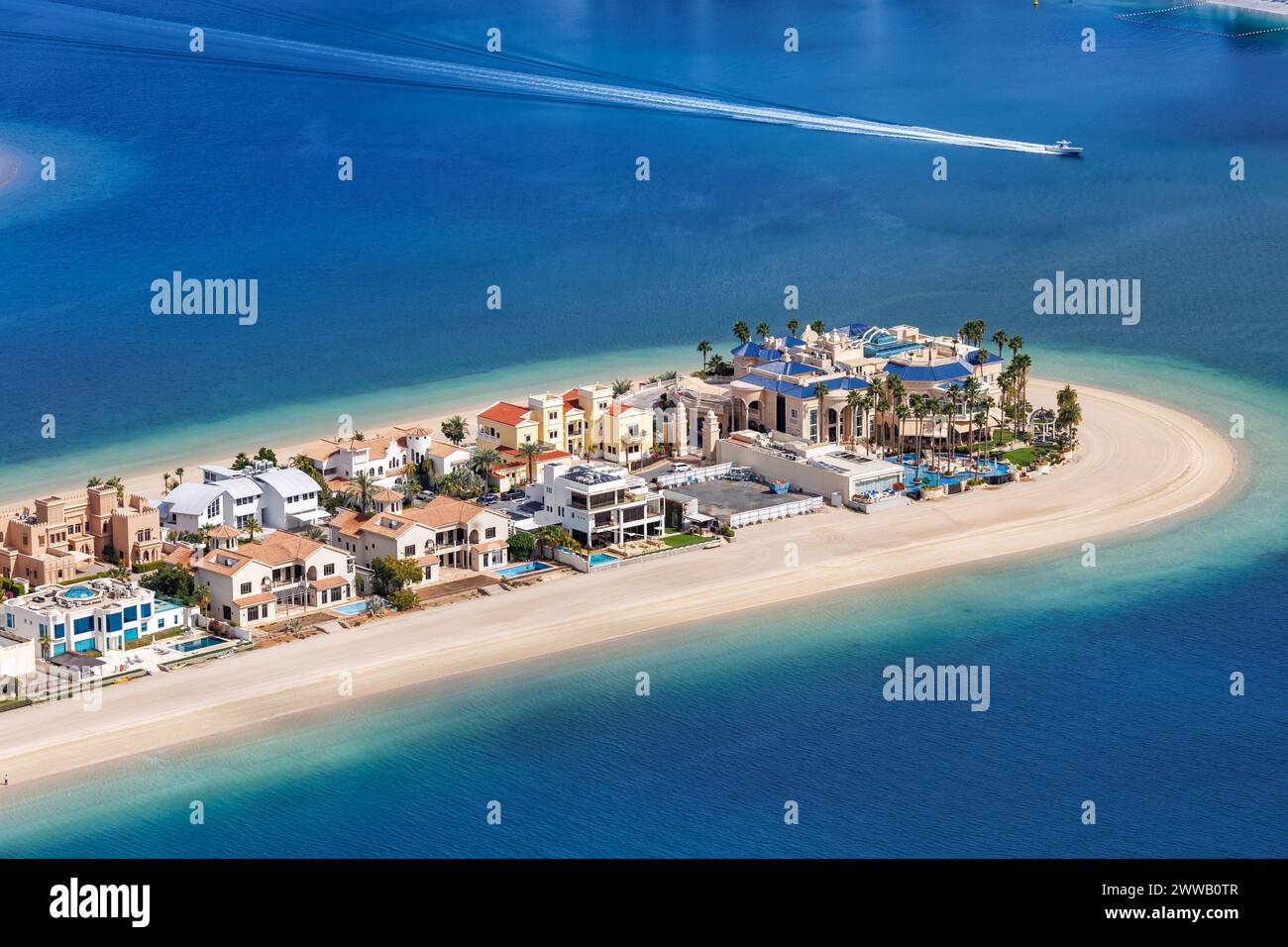 Dubai luxury villas real estate on The Palm Jumeirah artificial island with beach vacation Stock Photo