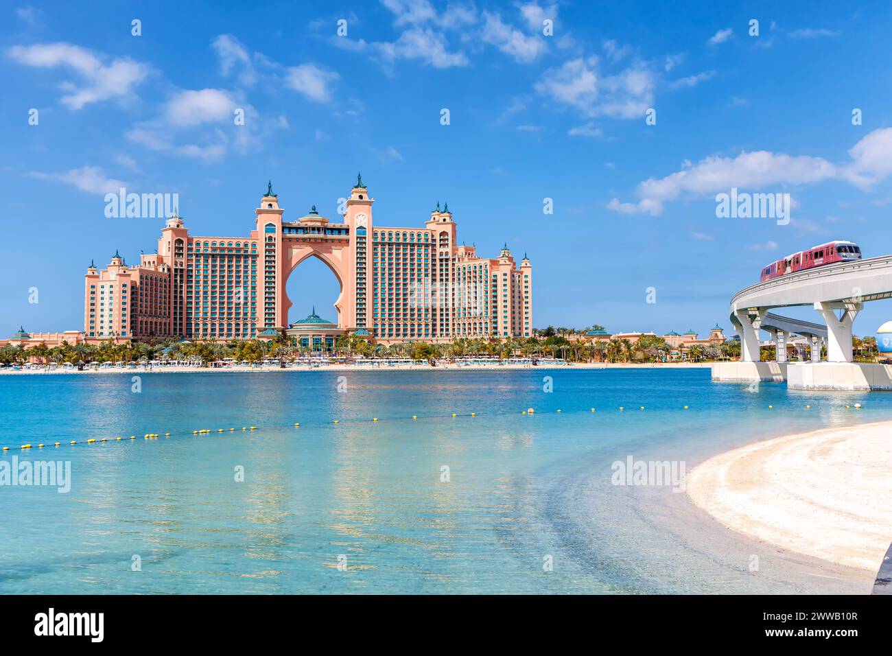 Dubai Atlantis Hotel on artificial island The Palm Jumeirah luxury vacation with Monorail hilodays Stock Photo