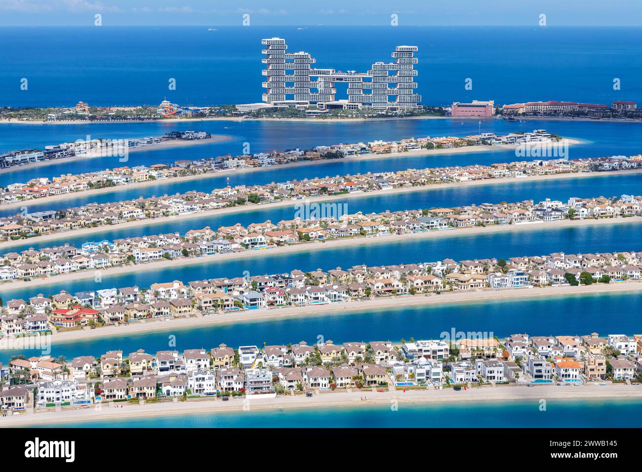 Dubai The Palm Jumeirah with Atlantis The Royal Hotel artificial island from above luxury Stock Photo