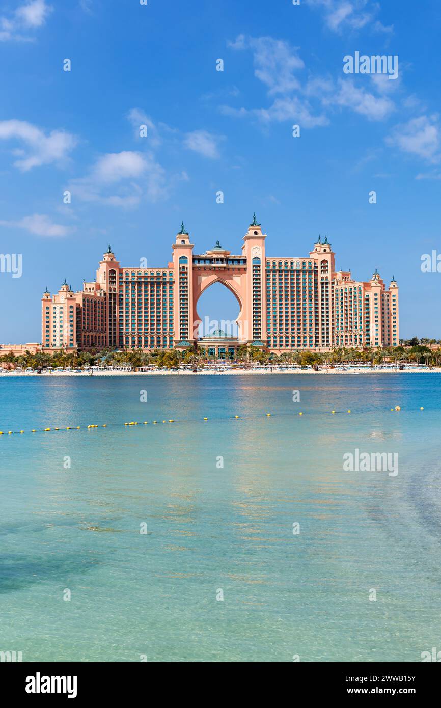 Dubai Atlantis Hotel on artificial island The Palm Jumeirah luxury vacation portrait format holidays Stock Photo