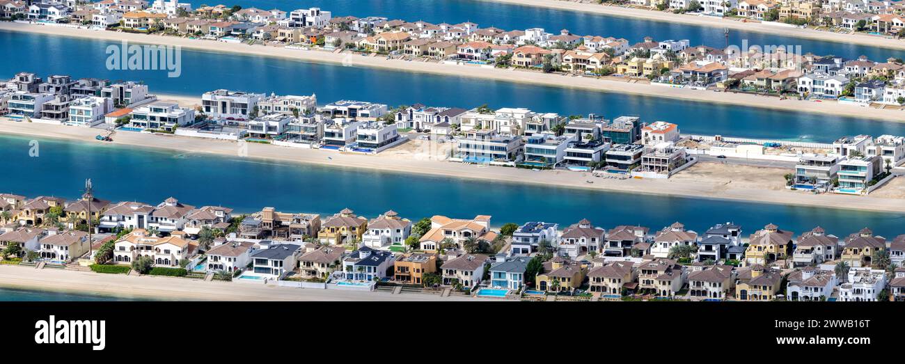 Dubai The Palm Jumeirah artificial island with beach luxury villas real estate panorama property Stock Photo