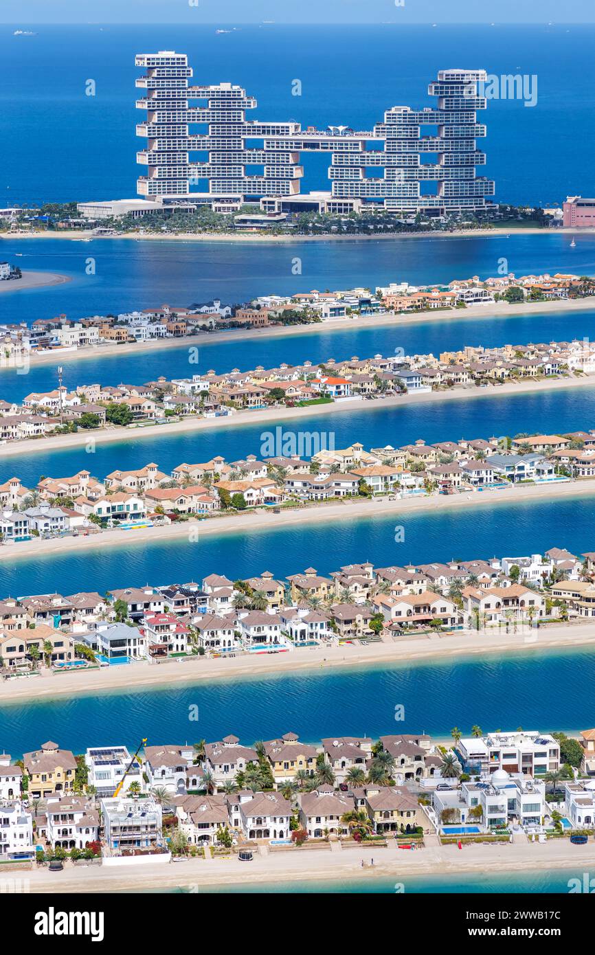 Dubai The Palm Jumeirah with Atlantis The Royal Hotel artificial island from above portrait format luxury Stock Photo