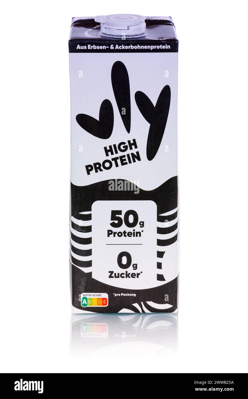Stuttgart, Germany - March 4, 2024: Vly vegan pea milk substitute High Protein flavor isolated on a white background portrait format in Stuttgart, Ger Stock Photo