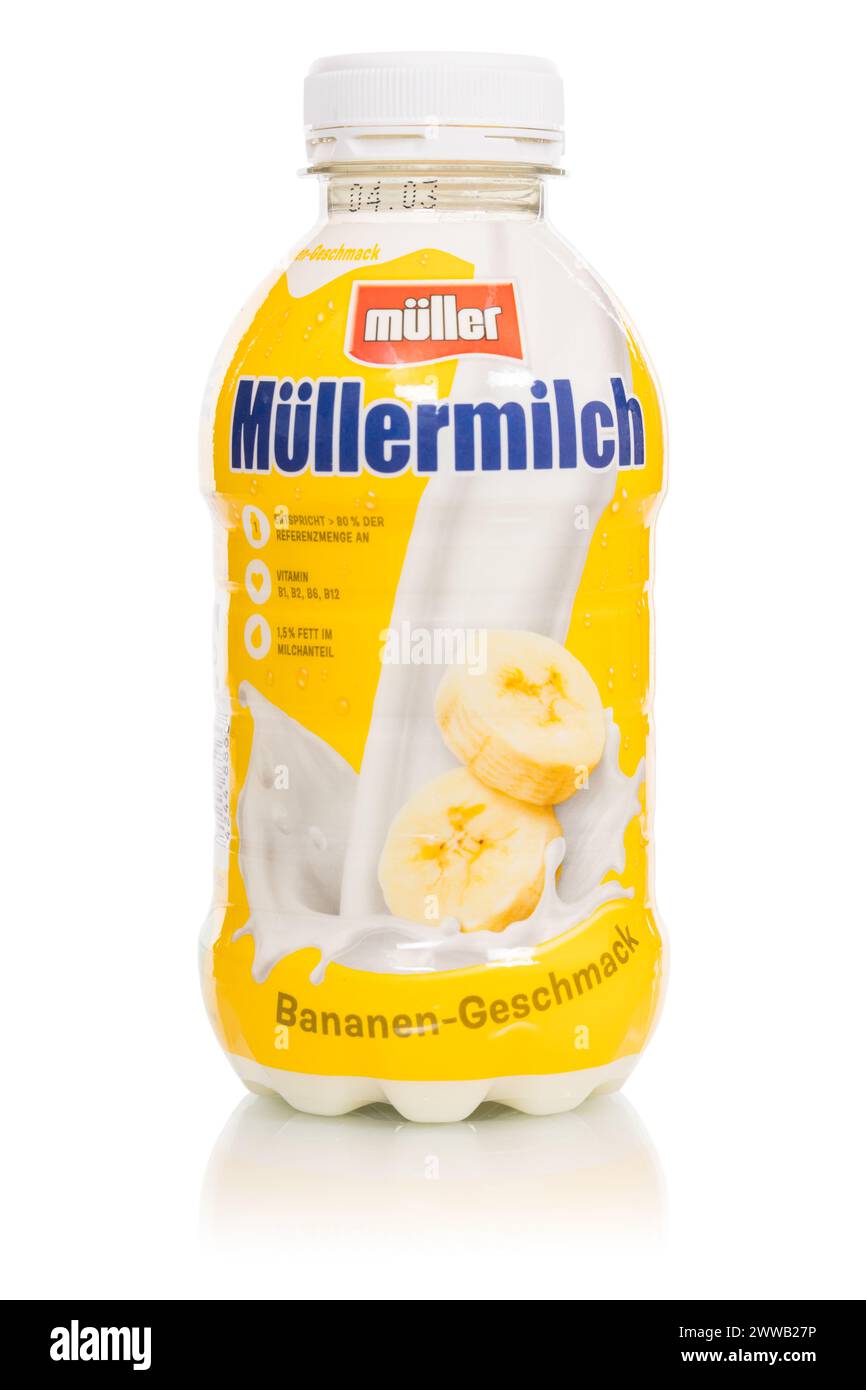 Stuttgart, Germany - March 5, 2024: Müllermilch banana flavor in a bottle by Theo Müller company isolated on a white background in Stuttgart, Germany. Stock Photo