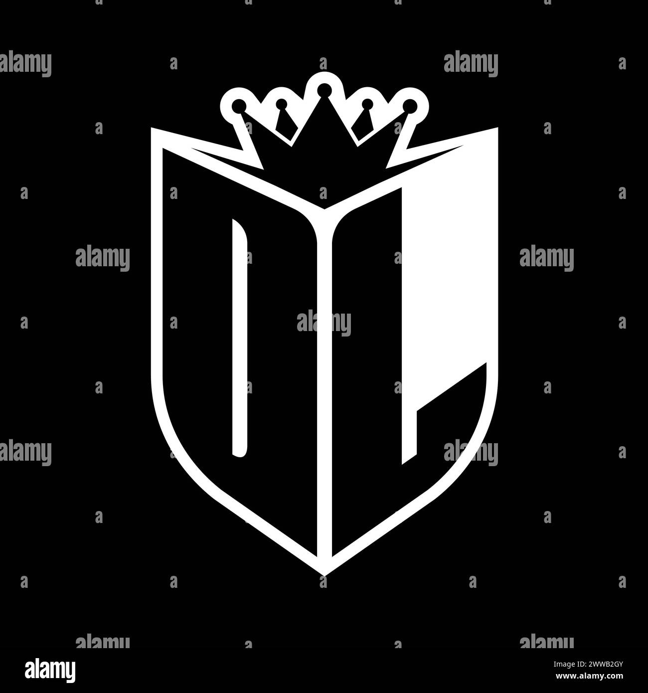 DL Letter bold monogram with shield shape and sharp crown inside shield ...
