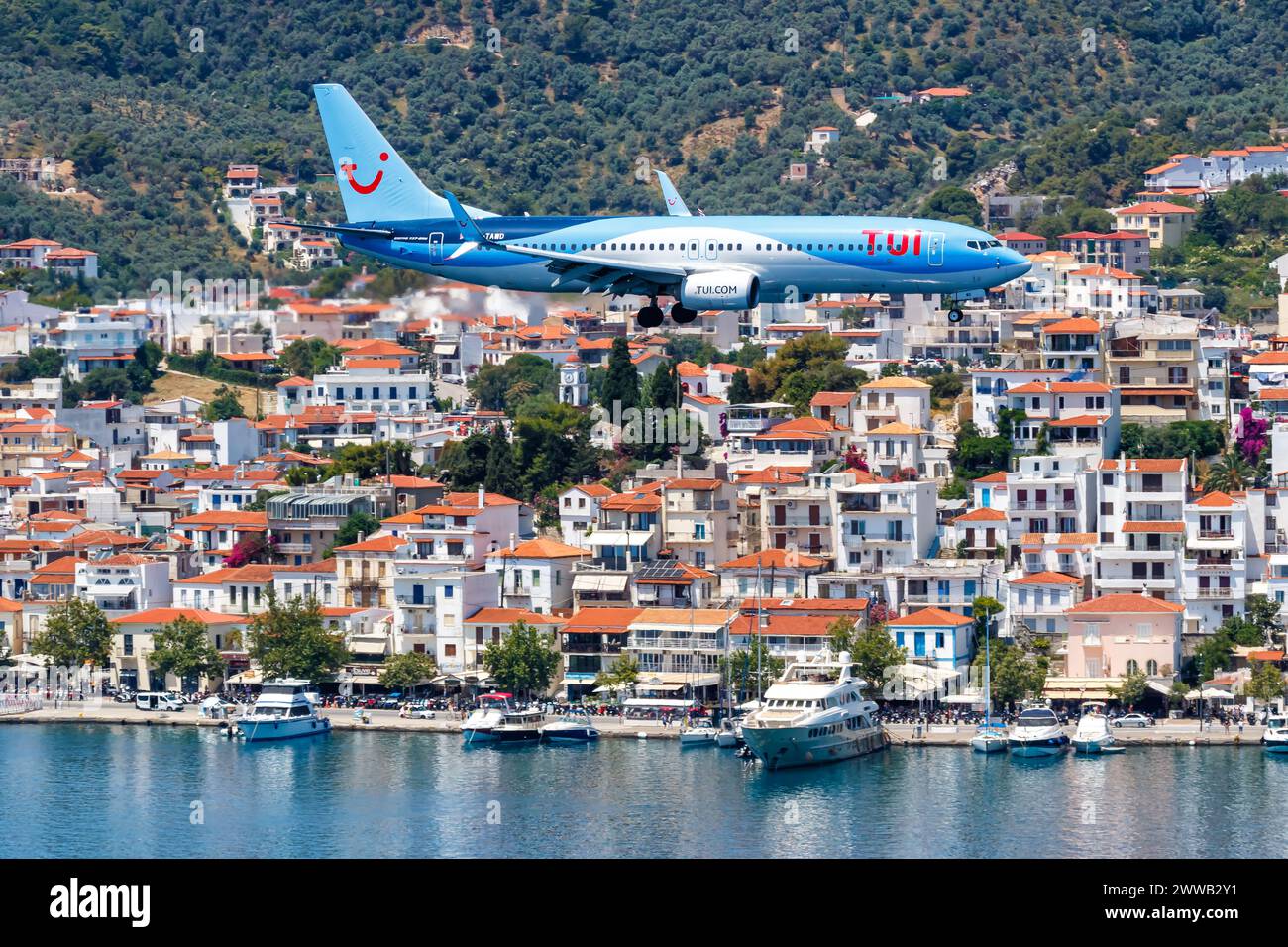 Skiathos, Greece - June 28, 2023: TUI Airways Boeing 737-800 airplane at Skiathos Airport (JSI) in Greece. Stock Photo