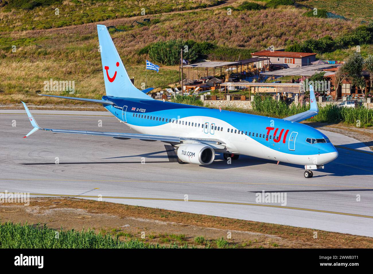 Skiathos, Greece - June 27, 2023: TUI Airways Boeing 737-800 airplane at Skiathos Airport (JSI) in Greece. Stock Photo