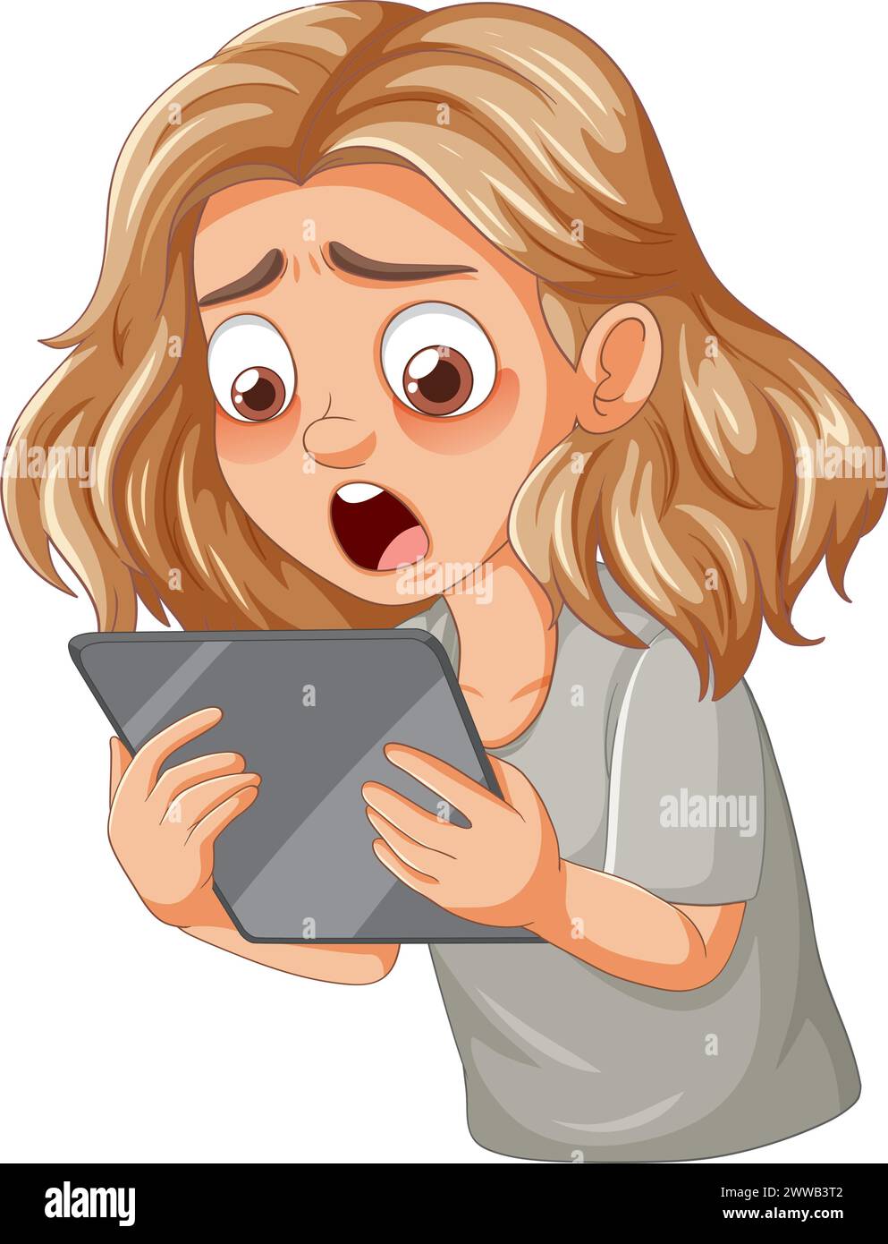 Cartoon of a girl surprised while using a tablet Stock Vector