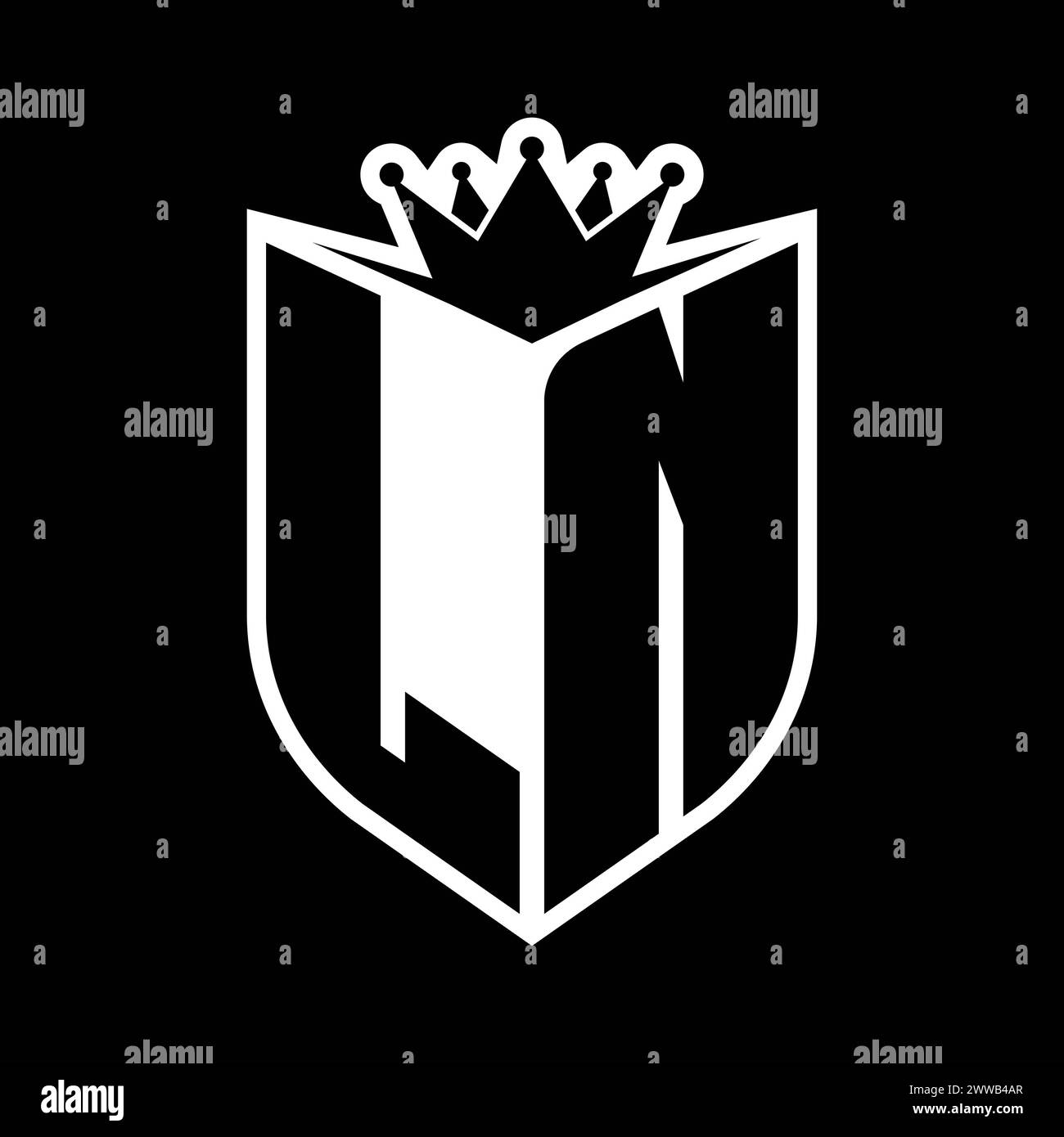 LN Letter bold monogram with shield shape and sharp crown inside shield ...