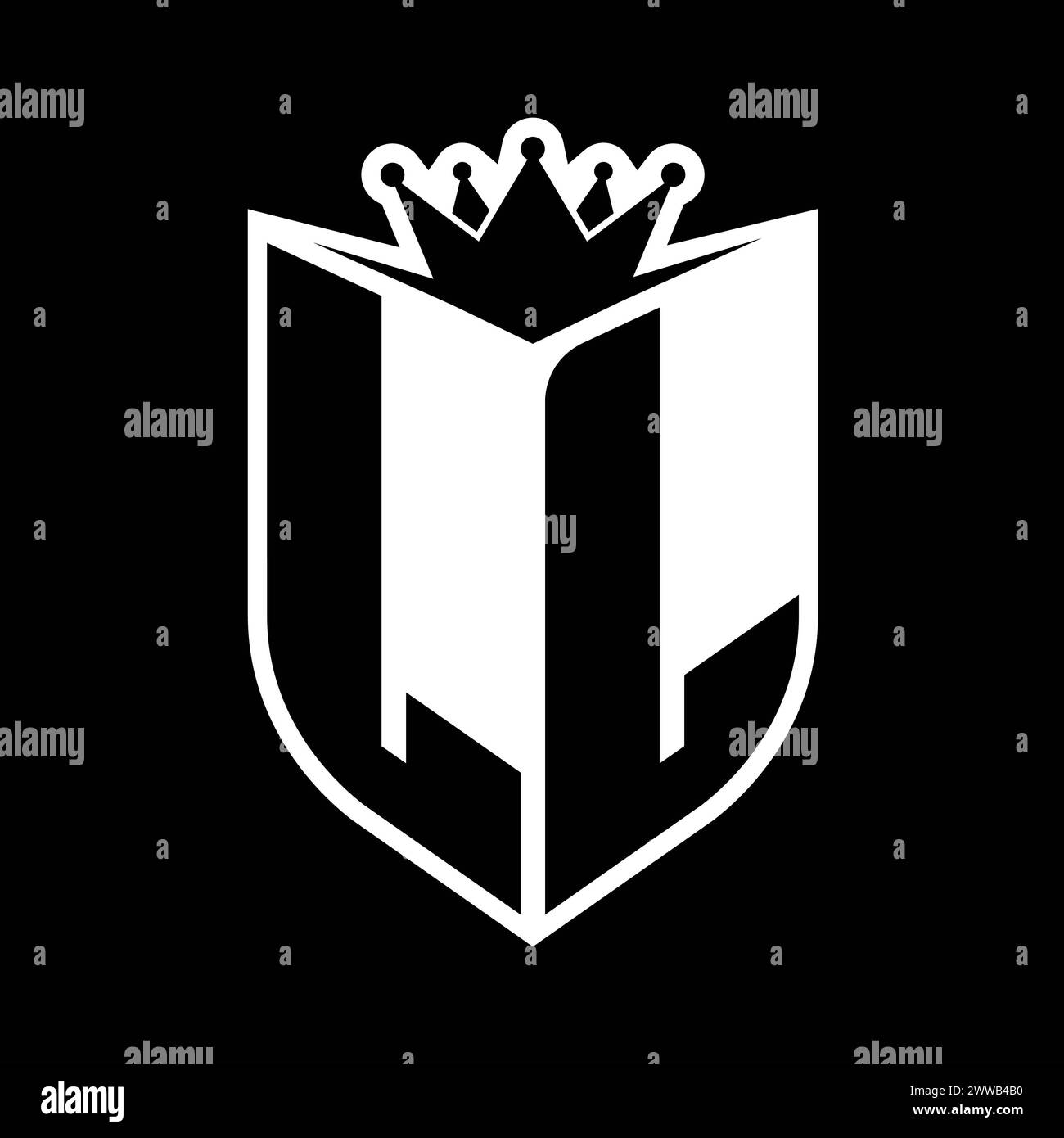 LL Letter bold monogram with shield shape and sharp crown inside shield ...