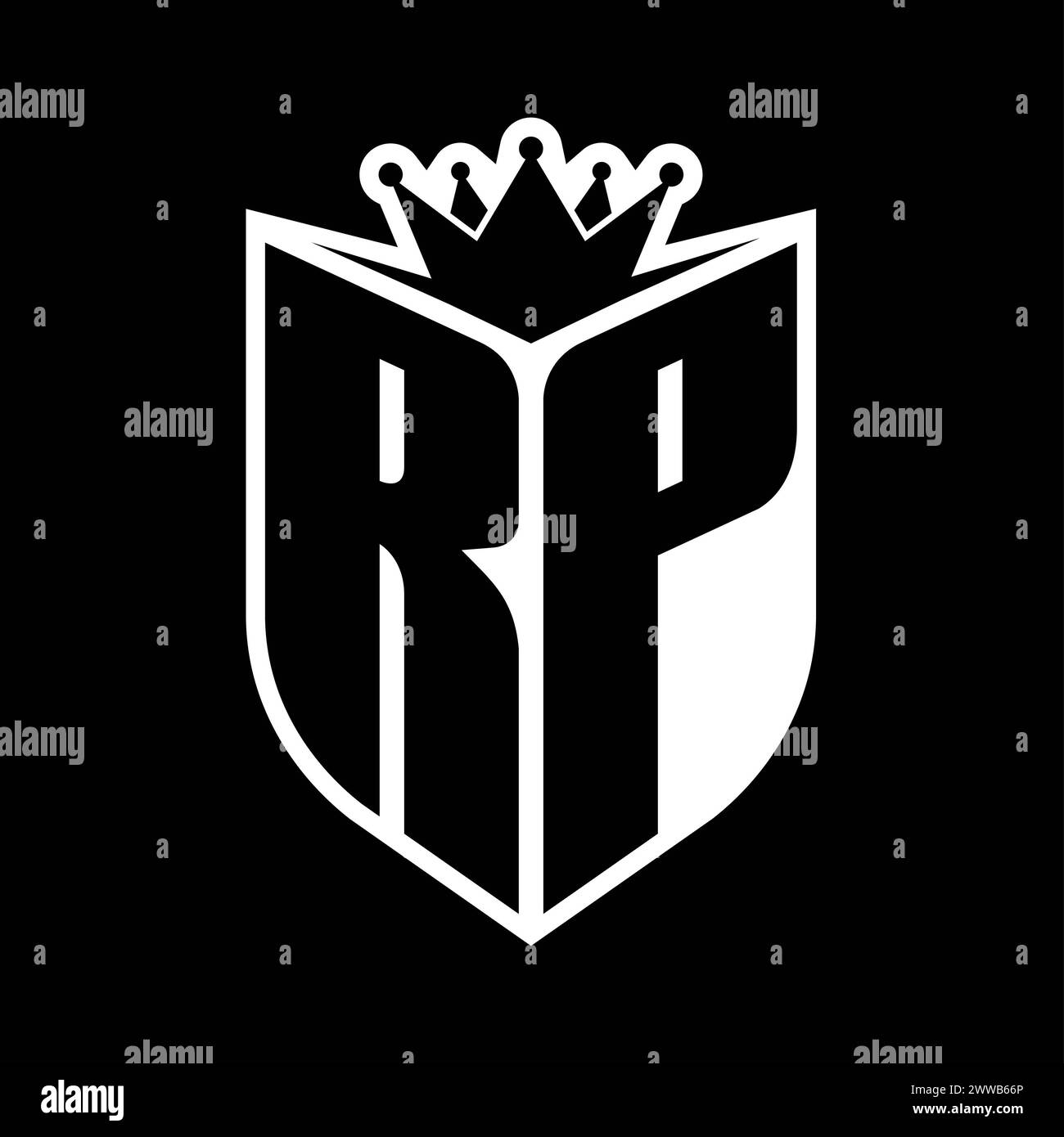 RP Letter bold monogram with shield shape and sharp crown inside shield ...
