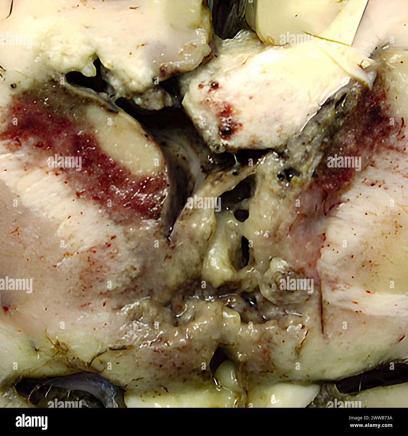 Gross specimen of brain tissue from a patient who died of granulomatous amebic encephalitis caused by Balamuthia mandrillaris. Stock Photo