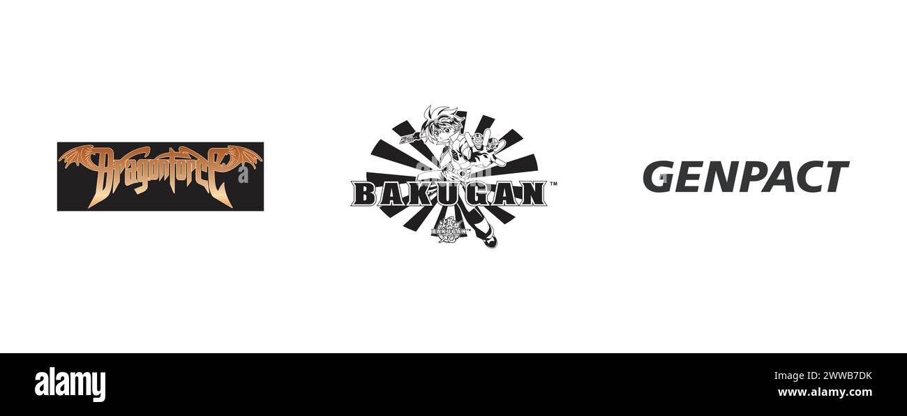 GENPACT, Dragonforce, Bakugan. Arts and design editorial logo collection. Stock Vector