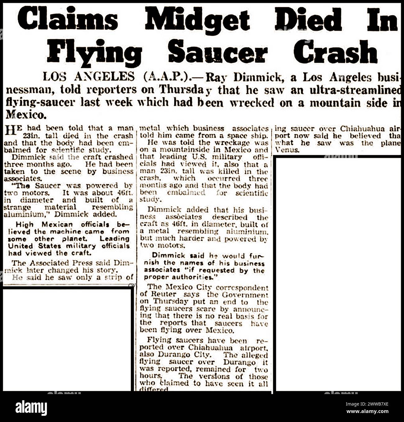Flying saucer crash in Mexico - Launceston Examiner, Tasmania ,11 March 1950. - Accidente de platillo volante en México - Launceston Examiner, Tasmania, 11 de marzo de 1950. - Stock Photo