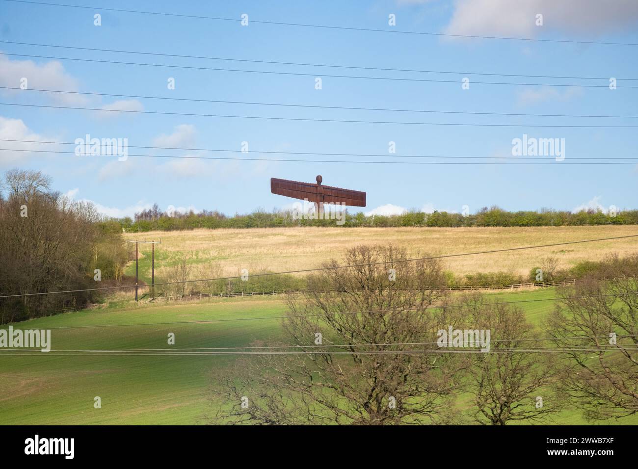 East Coast Main Line - Angel of the North statue viewed from the East Coast Main Line, Gateshead, Tyne and Wear, England, UK Stock Photo