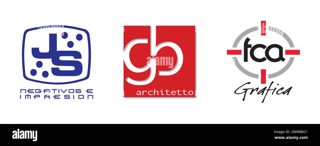 FCA Grafica, Giovanni Barbesi, JS NEGATIVOS. Arts and design editorial logo collection. Stock Vector