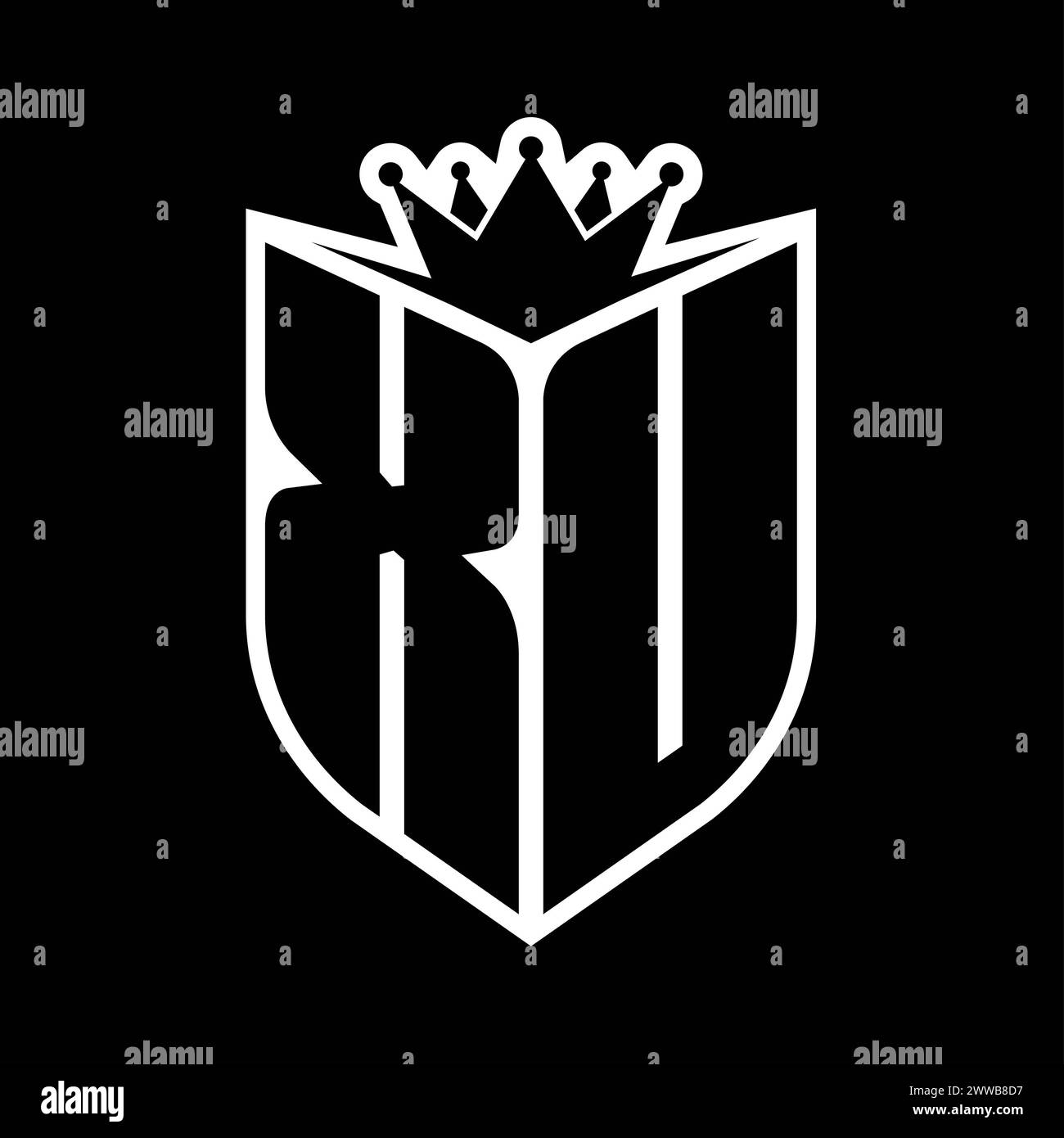 XU Letter bold monogram with shield shape and sharp crown inside shield ...