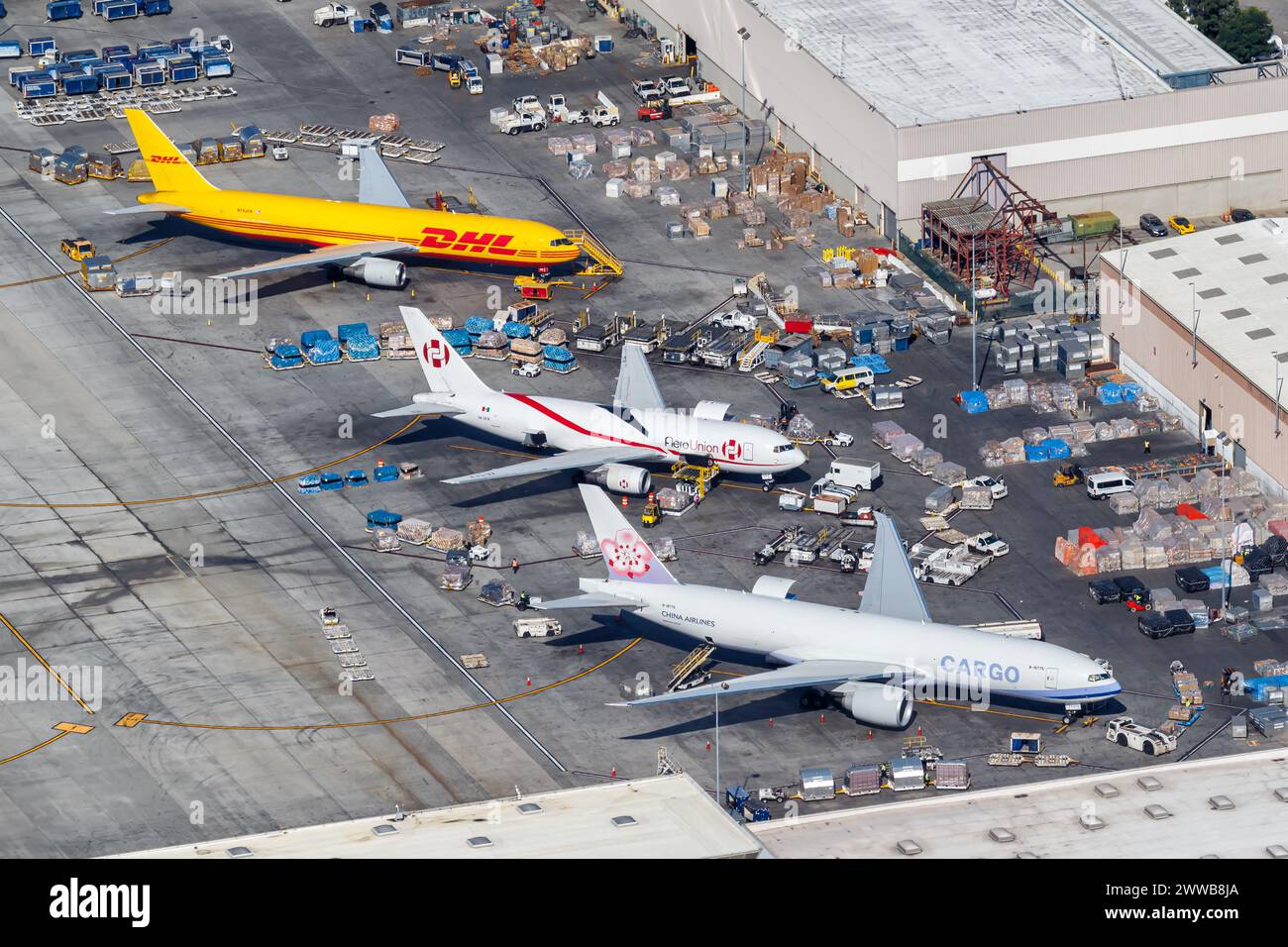 Los Angeles, United States - November 4, 2022: Cargo planes at Los Angeles Airport (LAX) aerial view in the United States. Stock Photo
