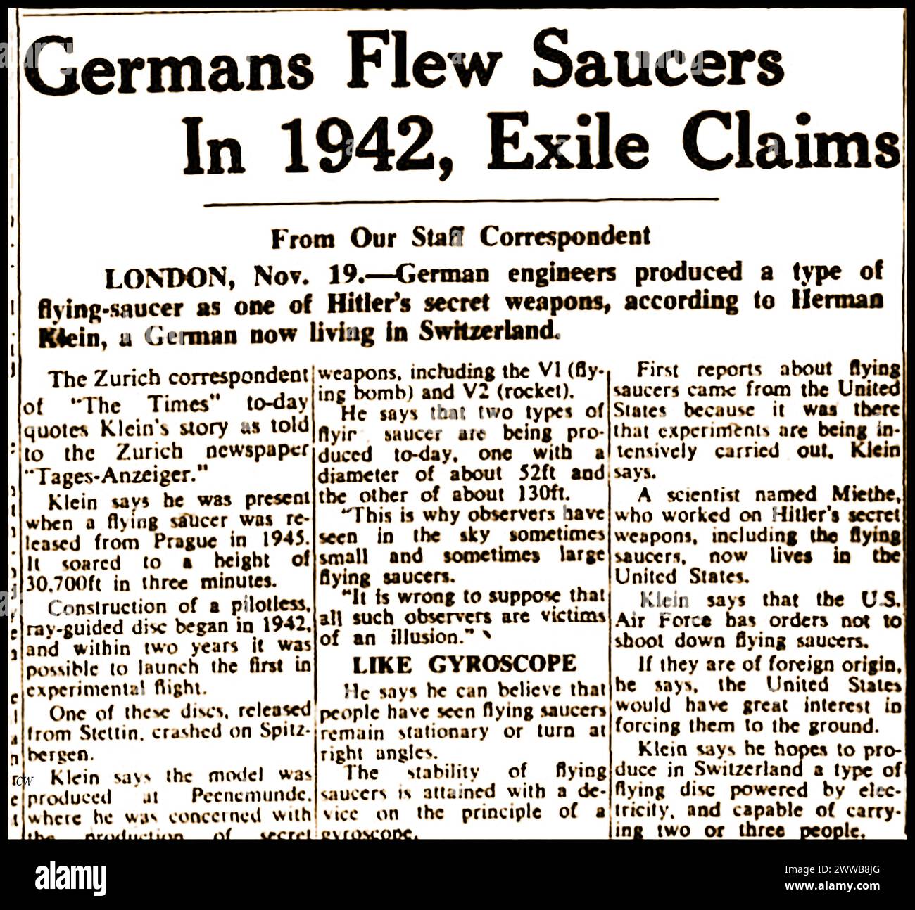 Sydney Morning Herald , 20th Nov 1954, Nazi manufactured Flying Saucers in 1942. Stock Photo