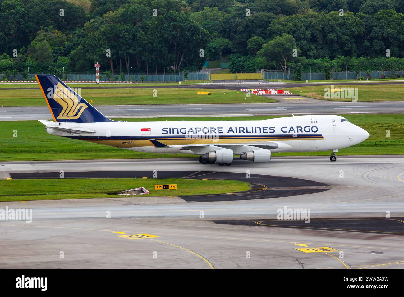 Changi, Singapore - February 3, 2023: Singapore Airlines Cargo Boeing 747-400F(SCD) airplane at Changi Airport (SIN) in Singapore. Stock Photo