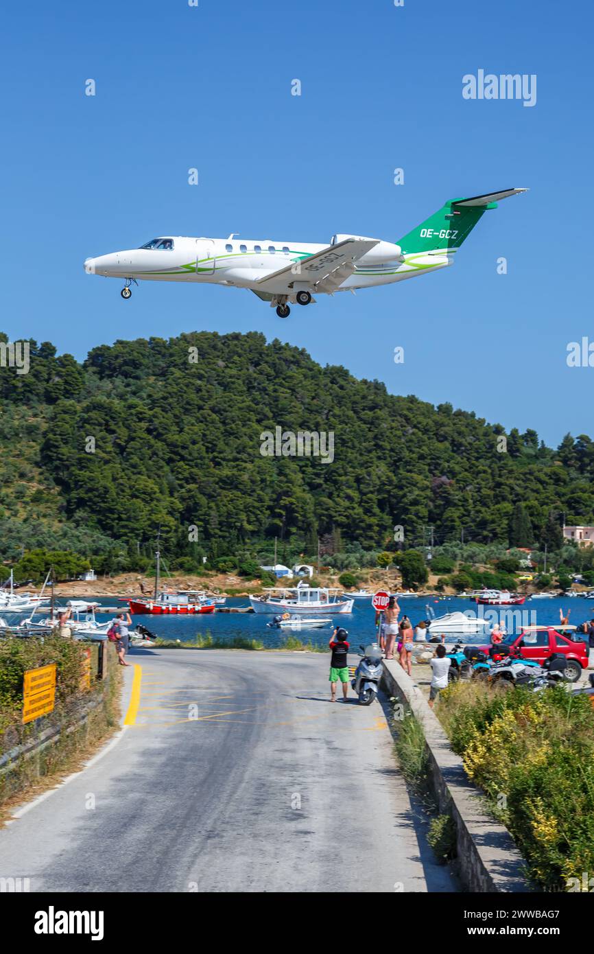 Skiathos, Greece - June 24, 2023: Avcon Jet Cessna Citation CJ4 airplane at Skiathos Airport (JSI) in Greece. Stock Photo