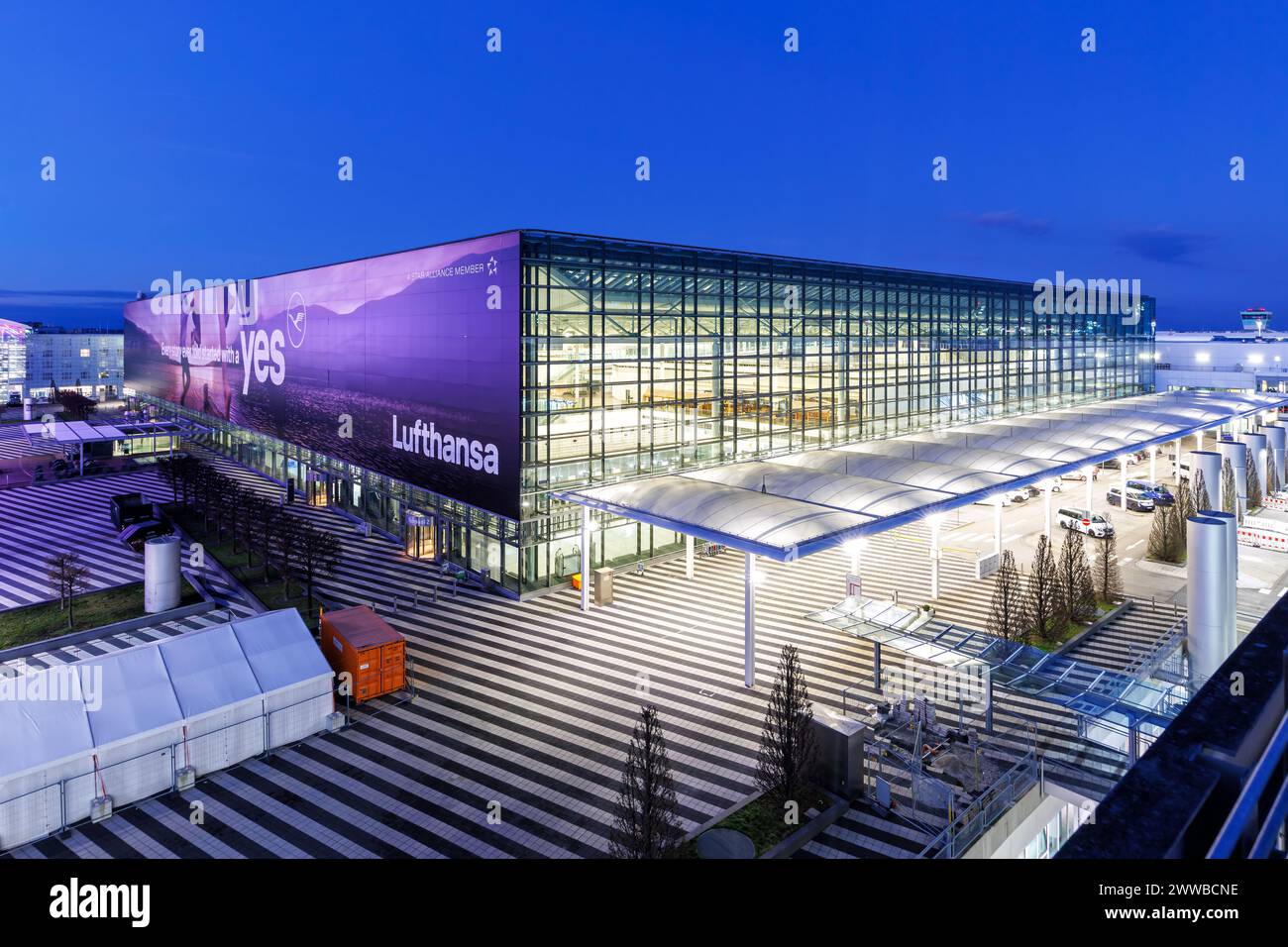 Munich, Germany - February 6, 2024: Lufthansa Terminal 2 at Munich Airport (MUC) in Germany. Stock Photo