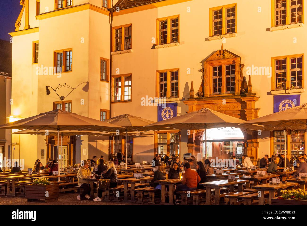 Darmstadt: square Marktplatz, Old Town Hall, restaurant in Bergstraße, Hessen, Hesse, Germany Stock Photo