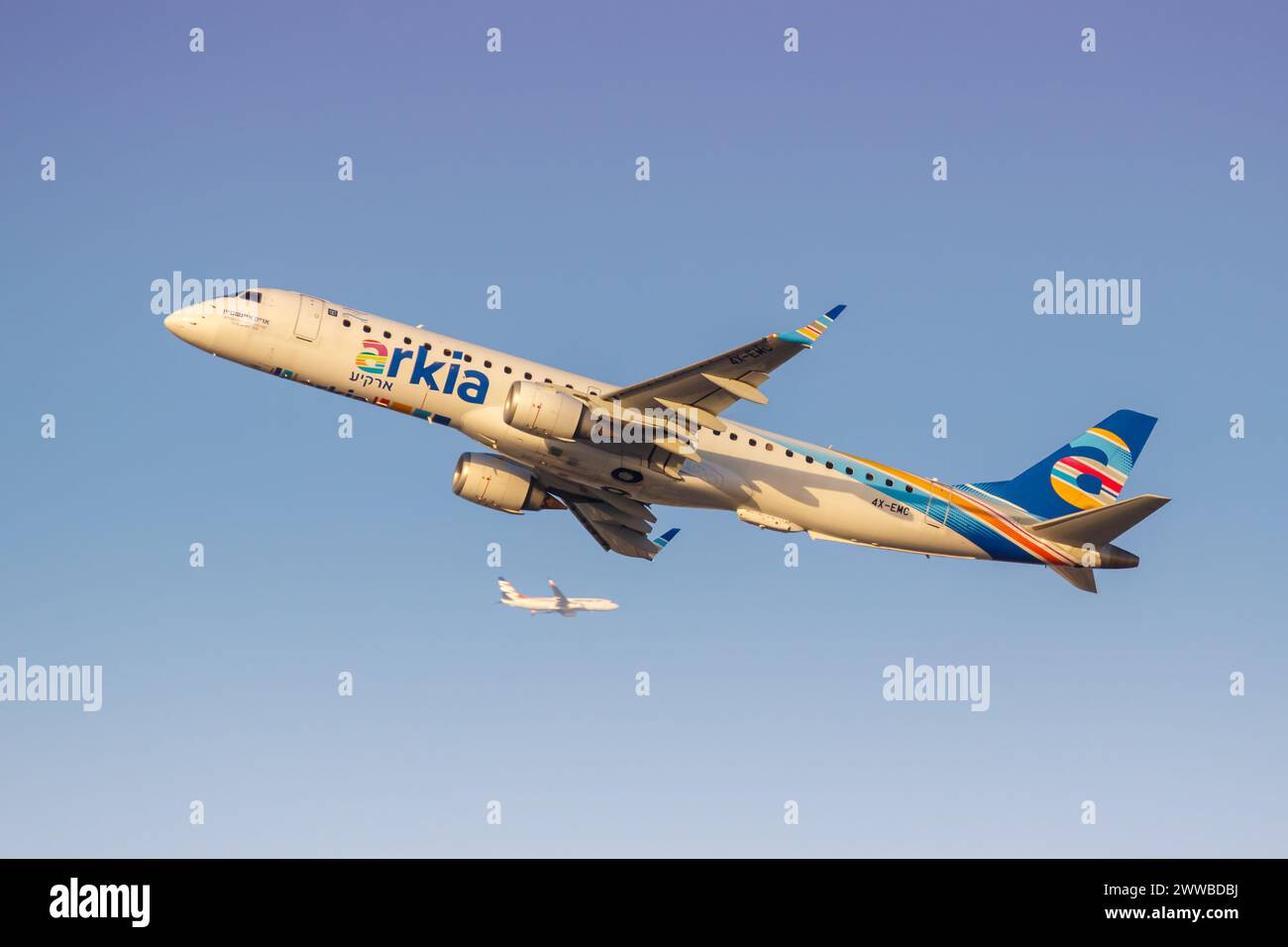 Dubai, United Arab Emirates - February 17, 2024: Arkia Embraer 190 airplane at Dubai Airport (DXB) in the United Arab Emirates. Stock Photo