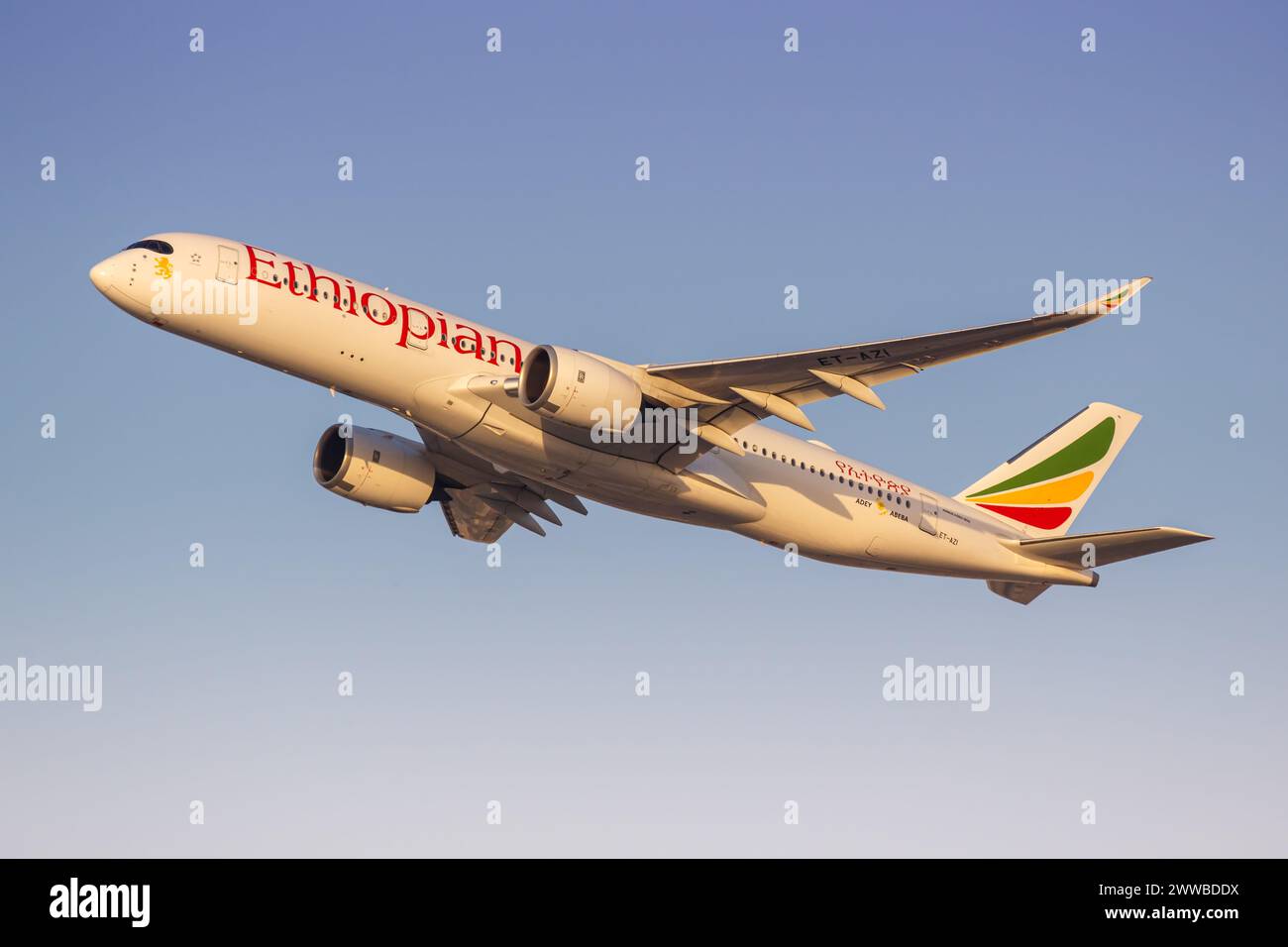 Dubai, United Arab Emirates - February 17, 2024: Ethiopian Airlines Airbus A350-900 airplane at Dubai Airport (DXB) in the United Arab Emirates. Stock Photo
