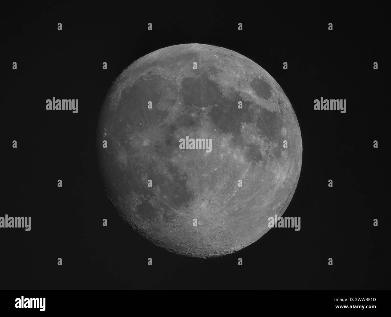 Waxing Gibbous Moon photographed on 22 March 2024 above London, UK. Single image of the lunar