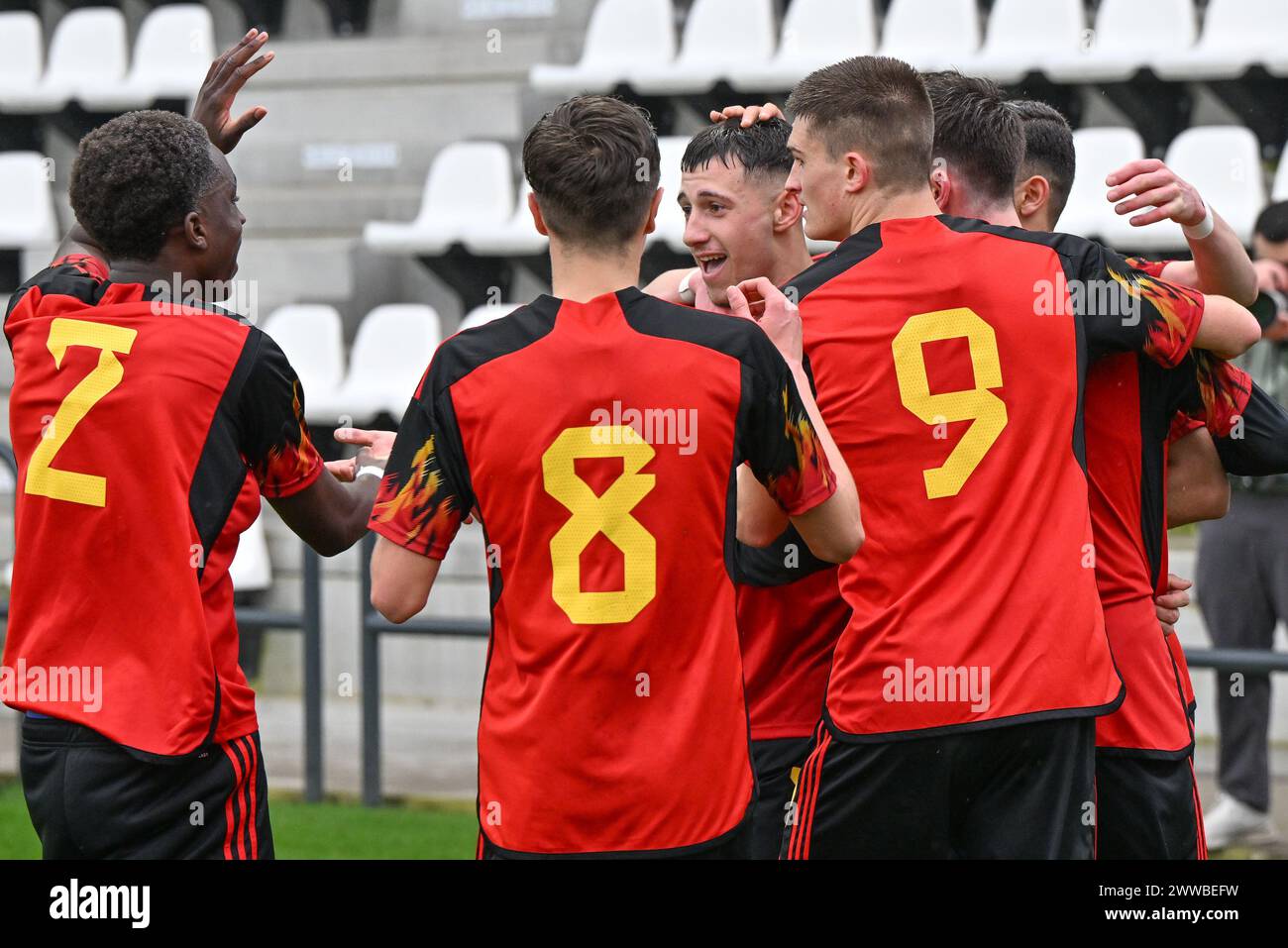 Cedric Nuozzi (7) of Belgium pictured celebrating with his teammates after scoring the 1-0 goal during a friendly soccer game between the national under 18 teams of Belgium and Wales on  Friday 22 March 2024  in Tubize , Belgium . PHOTO SPORTPIX | David Catry Stock Photo