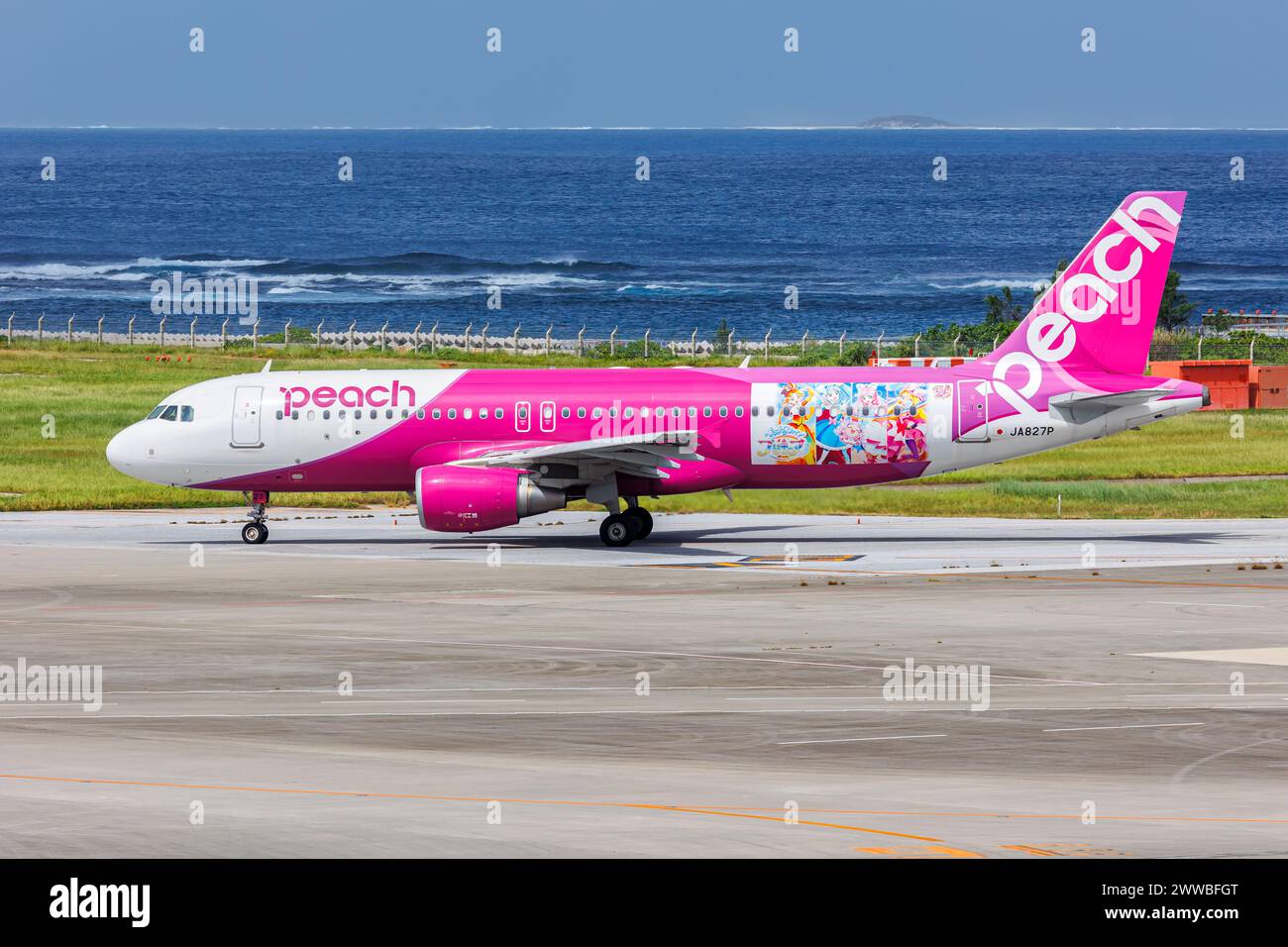 Naha, Japan - October 3, 2023: Peach Airbus A320 airplane with