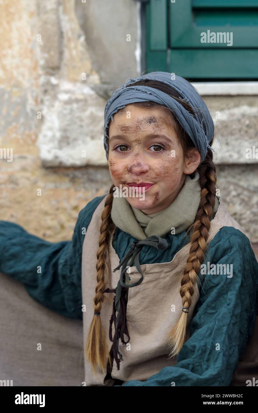 Close-up of participant the historical reenactment in the historic city of Taggia, Liguria region of Italy Stock Photo