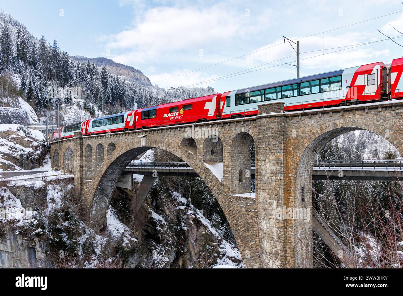 Solis, Switzerland January 10, 2024 Glacier Express train of