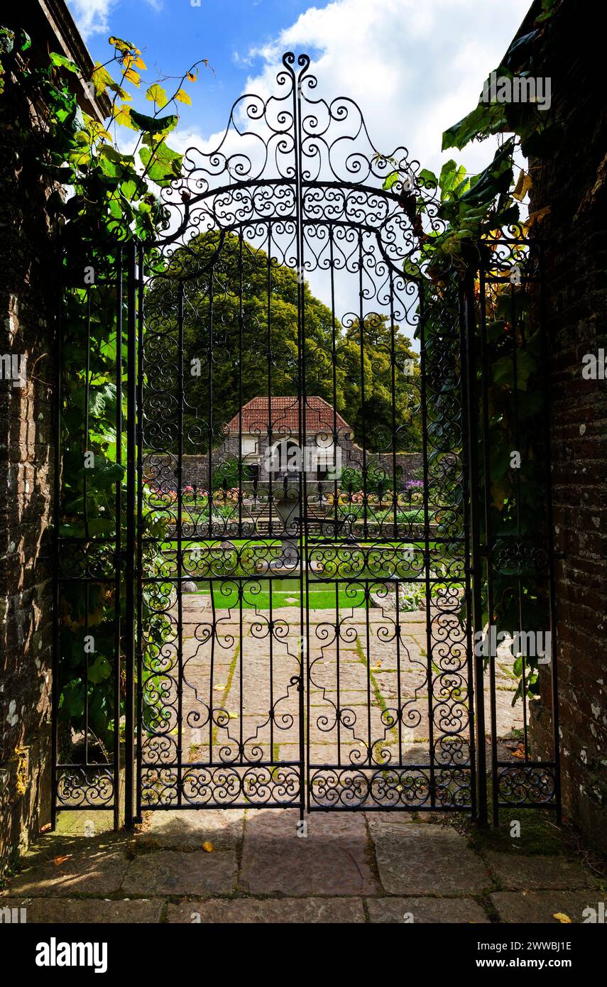 The ornate Wrought Iron Gates, in the 'Italian Gardens' at Heywood at Ballinakill in County Laois, Ireland, designed by Sir Edwin Lutyens in 1912. Stock Photo