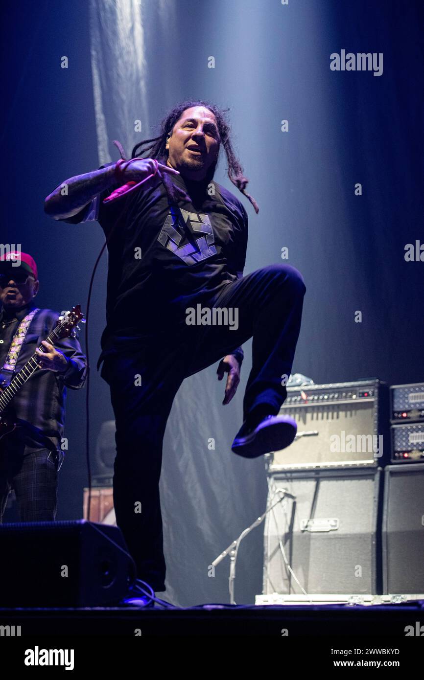 P.O.D. performing live at Wembley Arena, London on 15 March 2024 Sonny Sandoval ,lead singer P.O.D. (an initialism for Payable on Death) is an American Christian nu metal band formed in '92. They have sold over 12 million records worldwide. Over the course of their career, the band has received three Grammy Award nominations, contributed to numerous motion picture soundtracks and toured internationally. With their third studio album, The Fundamental Elements of Southtown, they achieved their initial mainstream success; the album was certified platinum. Stock Photo