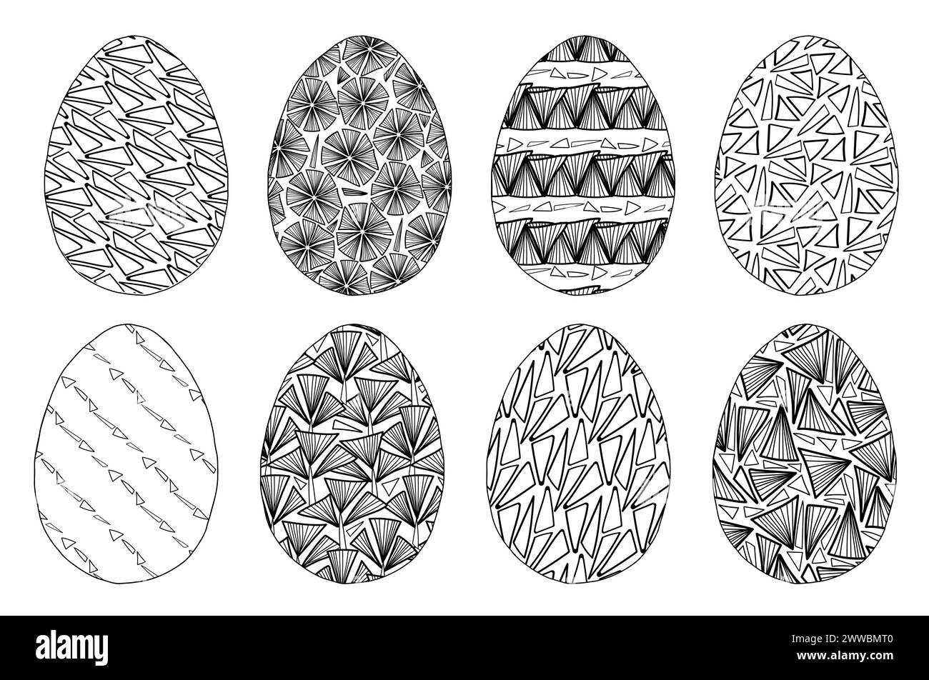 Easter egg set crystal hand drawn geometry elements. Vector illustrations for card or invitations, coloring book for kids and adult. Stock Vector